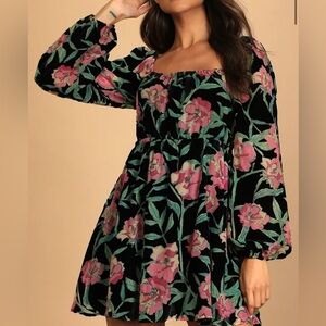 Lulus Blissful Garden Black Floral Print Burnout Velvet Babydoll Dress
